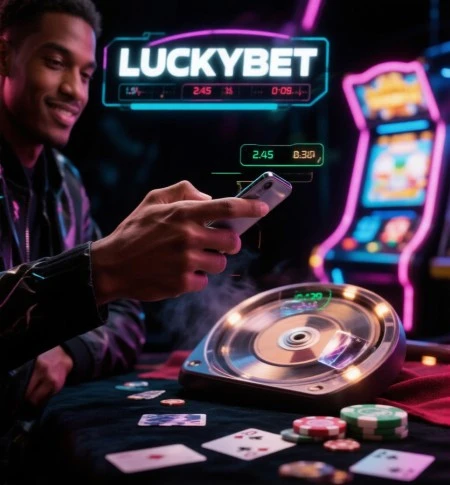 Kenyan player logging in to LuckyBet on a smartphone at a neon-lit casino table